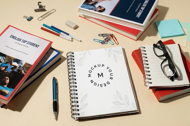 english learning book mock-up with stationery