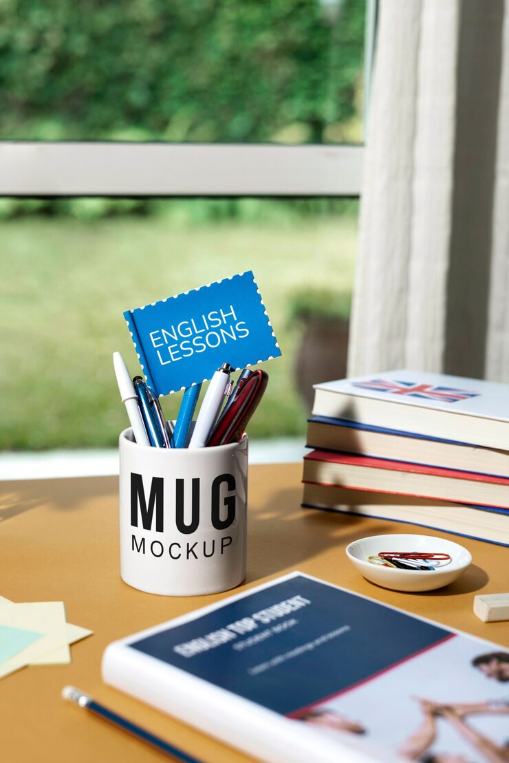 PSD english learning book mock-up with stationery