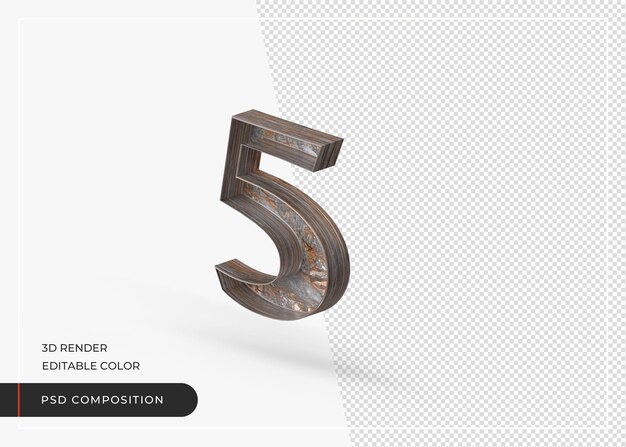 english number 5 isolated made of tree bark in 3d rendering