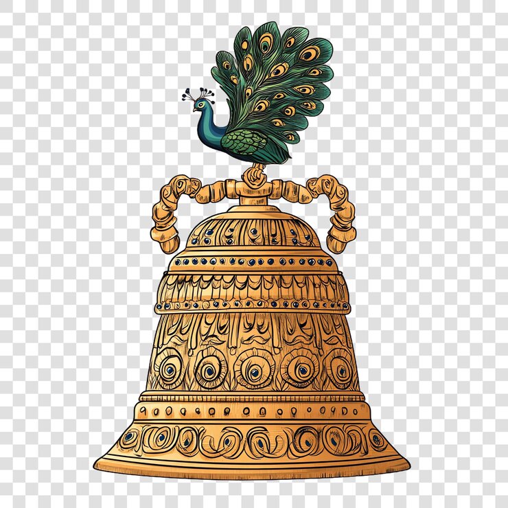 PSD engraved brass temple bell with peacock handle isolated on a transparent background