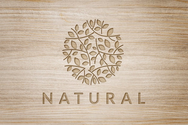 PSD Эффект выгравированного деревянного логотипа, ботанический дизайн шаблона листа для оздоровительного бизнеса psd