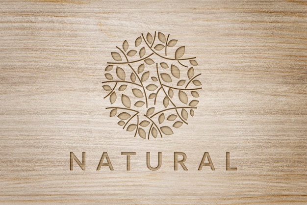 Engraved wood logo effect, botanical leaf template design for wellness business psd