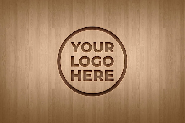 PSD mockup logo effetto incisione su texture di sfondo pavimento in legno