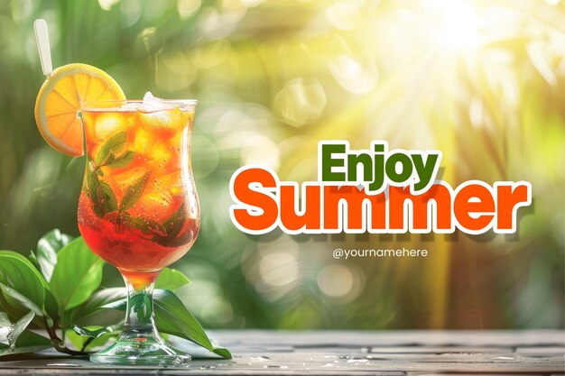 PSD enjoy summer banner template with a cocktail and fresh drink background on a beach background