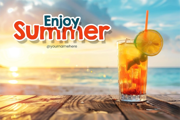PSD ビーチの背景にカクテルと新鮮な飲み物の背景で夏のバナーテンプレートを楽しんでください