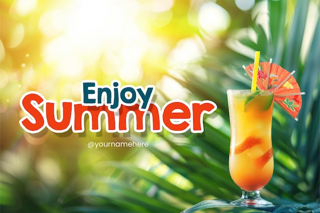 PSD enjoy summer banner template with a cocktail and fresh drink background on a beach background