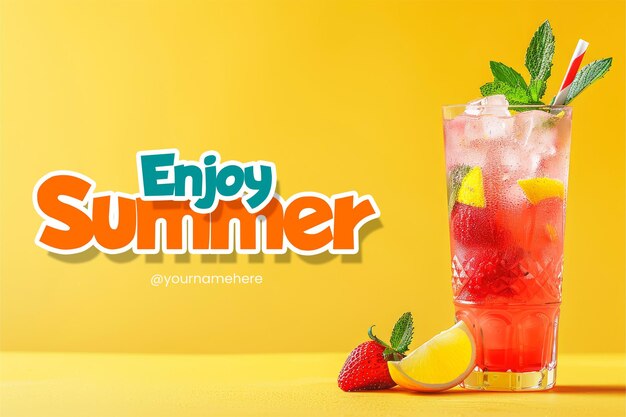 PSD enjoy summer banner template with a cocktail and fresh drink background on a beach background