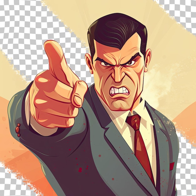 PSD enraged cartoon business character gesturing towards something transparent background