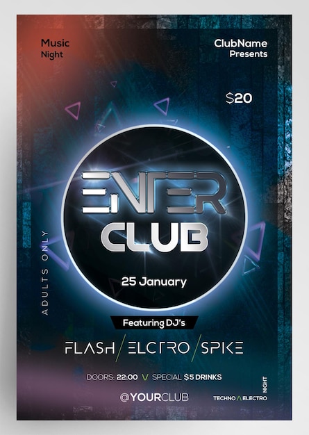 PSD Введите дизайн флаера вечеринки в ночном клубе club techno electro