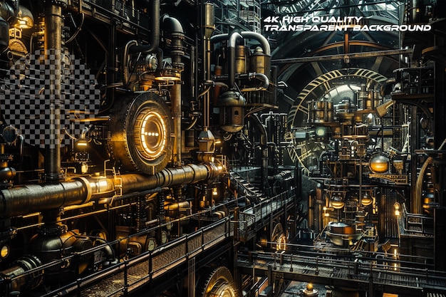 Enter a world of industrial marvels with glowing steampunk on transparent background