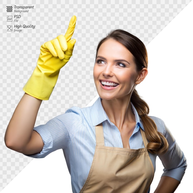 PSD enthusiastic young woman in apron and gloves pointing upwards