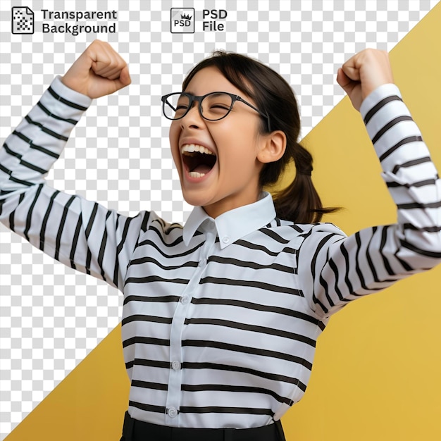 Entrepreneur celebrates with a raised hand and open mouth wearing a black and white shirt and black glasses while sporting brown hair and a small ear