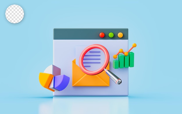 PSD envelop document sing with magnify glass pie chart up arrow 3d render concept for financial paper