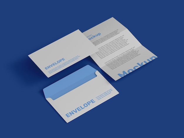 Envelop mockup 3d render met letter voor- en achteraanzicht