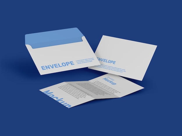 Envelope mockup 3d render with letter front and back view