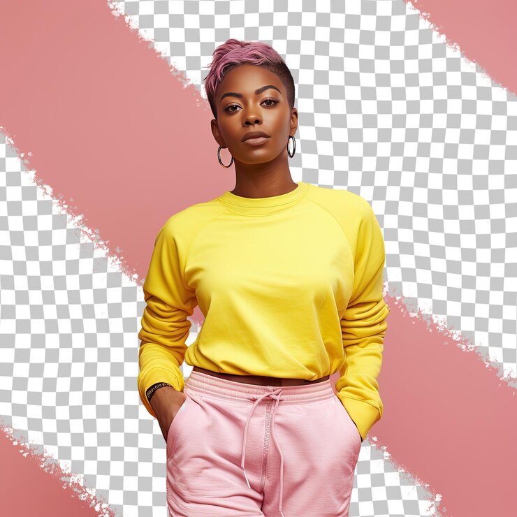 PSD a envious adult woman with short hair from the african ethnicity dressed in jogging in the park attire poses in a chin on hand style against a pastel lemon background