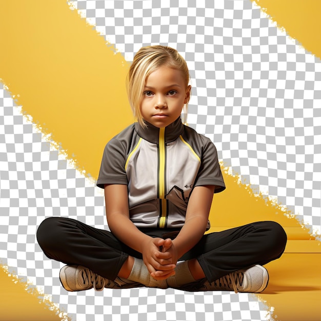 PSD a envious child girl with blonde hair from the aboriginal australian ethnicity dressed in personal trainer attire poses in a sitting cross legged on the floor style against a pastel yellow