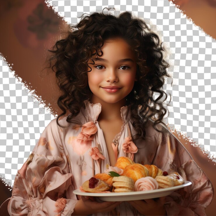 PSD a envious child girl with wavy hair from the native american ethnicity dressed in cooking gourmet dishes attire poses in a elegant hand on neck style against a pastel peach background