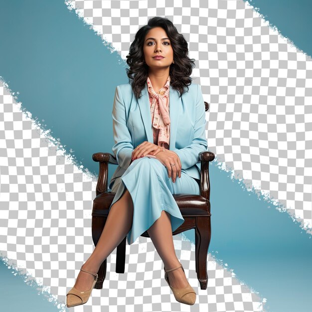 PSD a envious middle aged woman with wavy hair from the west asian ethnicity dressed in principal attire poses in a full length with a prop like a chair style against a pastel blue background