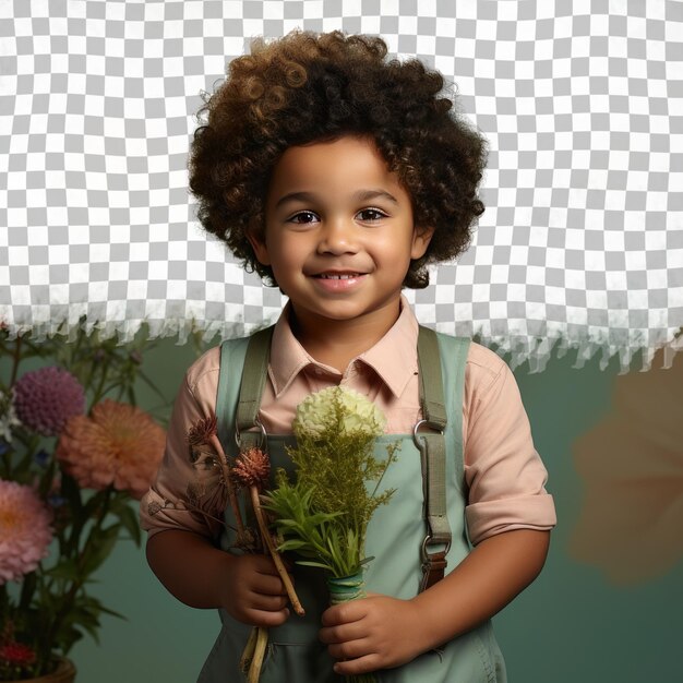 PSD a envious preschooler boy with curly hair from the south asian ethnicity dressed in botanist attire poses in a one hand on waist style against a pastel turquoise background