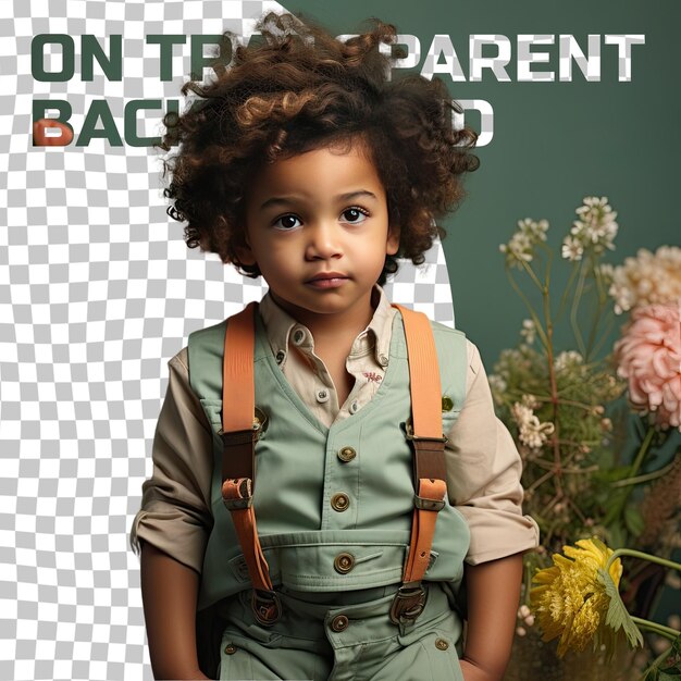 PSD a envious preschooler boy with curly hair from the south asian ethnicity dressed in botanist attire poses in a one hand on waist style against a pastel turquoise background