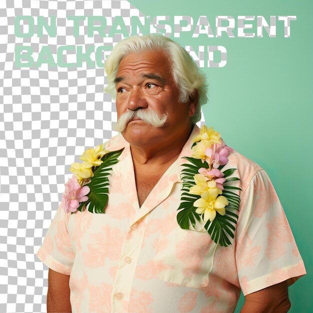 A envious senior man with blonde hair from the pacific islander ethnicity dressed in florist attire poses in a crossed arms confidence style against a pastel green background