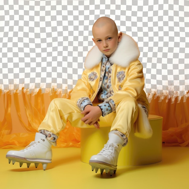 PSD envious slavic girl skating bald hair seated pose crossed legs pastel lemon background 100 characters