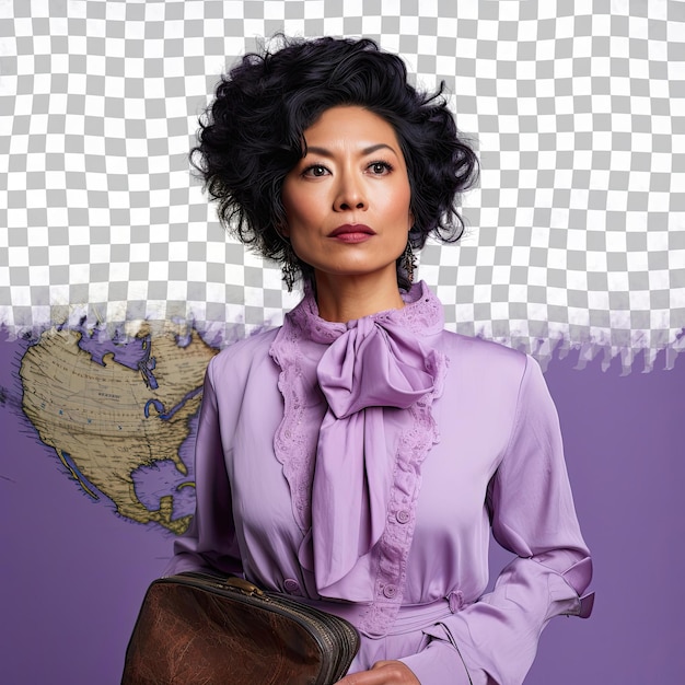 PSD envious southeast asian cartographer kinky haired middle aged woman poses in pastel lavender backdrop