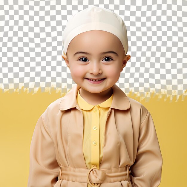 PSD a envious toddler woman with bald hair from the east asian ethnicity dressed in immunologist attire poses in a back to camera with turned head style against a pastel yellow background