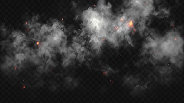 epic smoke and fire spark overlay isolated on transparent background for explosive visual impact