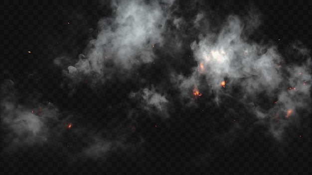 epic smoke and fire spark overlay isolated on transparent background for explosive visual impact