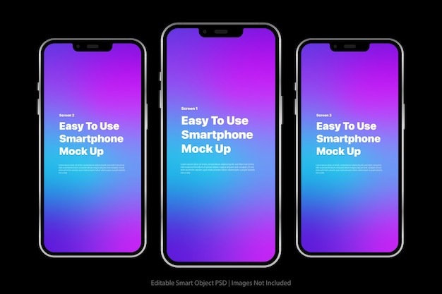 PSD er worden drie smartphones weergegeven met een paarse achtergrond die een gebruiksvriendelijke smartphone-mockup aangeeft.