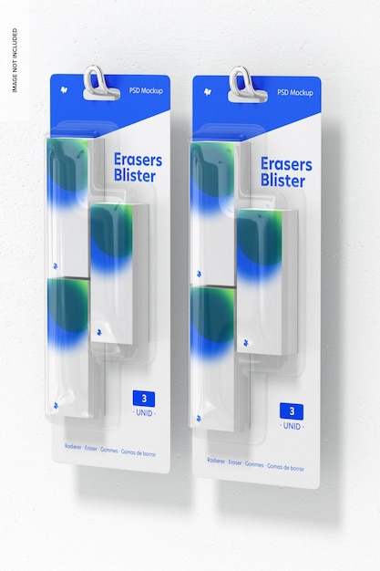 PSD erasers blister mockup, hanging on wall