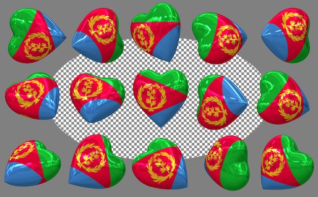 Eritrea 3D Heart Flag Isolated Different Positions 3D Rendering