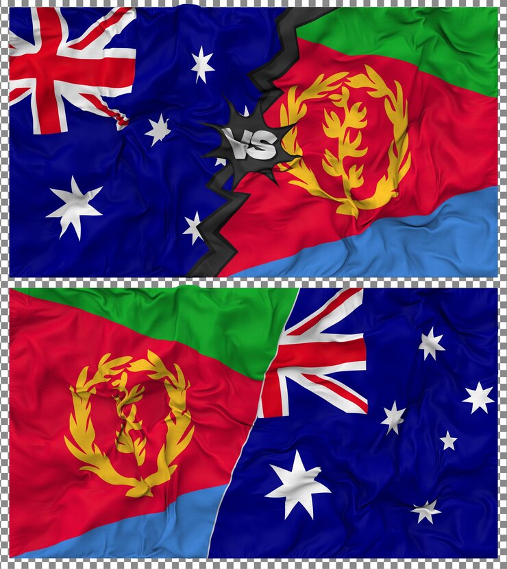 PSD eritrea versus australië half gecombineerde vlag cloth bump texture 3d rendering