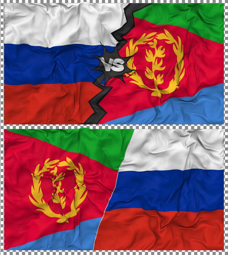 PSD eritrea vs russia half combined flag cloth bump texture 3d rendering
