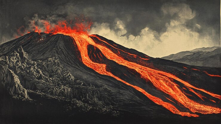 PSD 火山爆發,岩流向下坡, 黑雲和煙霧