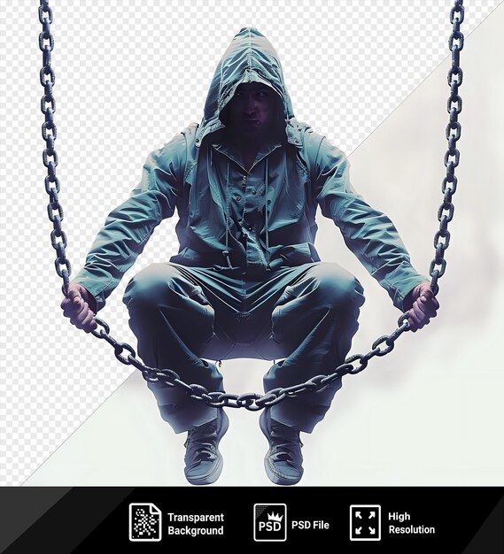 PSD escape artist in blue and green jacket frees themselves from chains on a swing with a green head visible