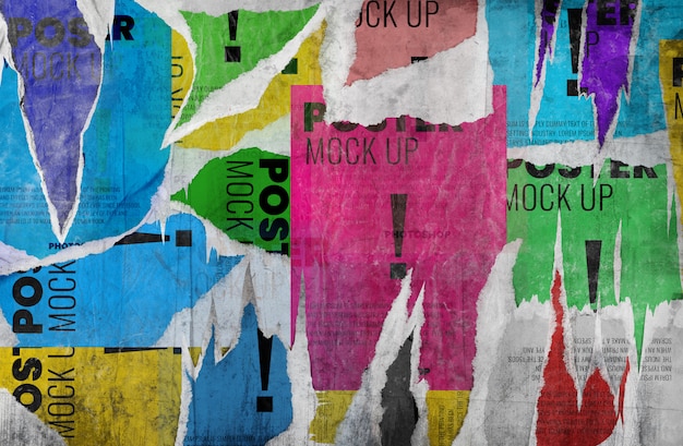 Eski grunge yırtık poster duvarı mockup gerçekçi
