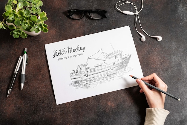 Eskiz defteri mockup'ının üstten görünümü