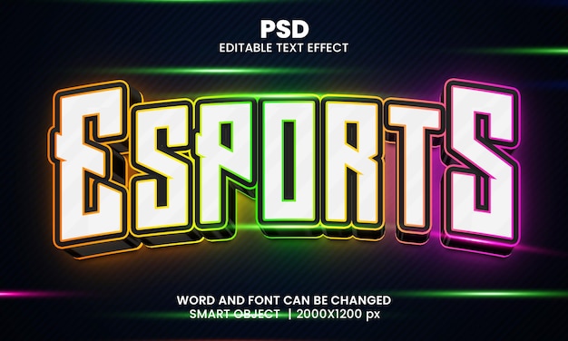 Esports neonstijl 3d bewerkbare photoshop teksteffectstijl met achtergrond