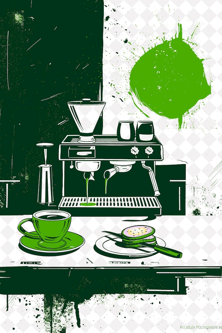 PSD espresso scene with a barista making coffee and a plate of b italy culture illustration design