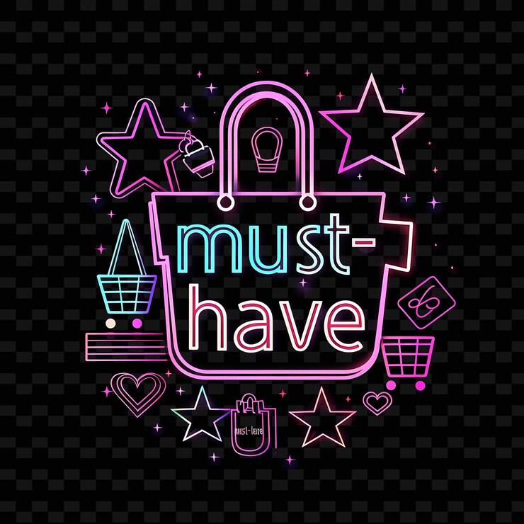 PSD essential neon illumination of must have text with neon rose png y2k inspired decorative