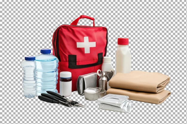 Essentiële Emergency Survival Kit geïsoleerd op doorzichtige achtergrond