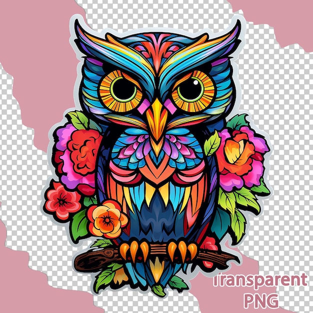 PSD estetyczna ilustracja owli kwiatowych na kolorowej sztuce wektorowej na przejrzystym tle