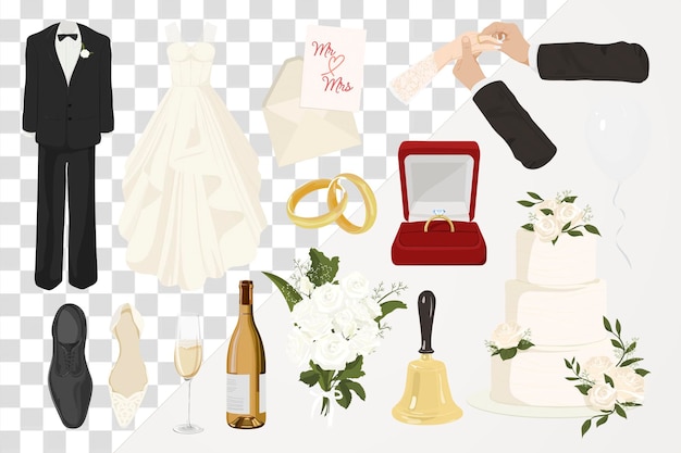 Esthetische bruiloft png illustratie set transparante achtergrond