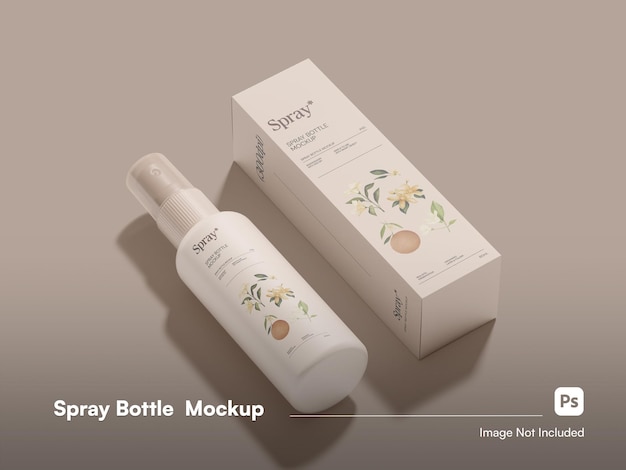 Esthetische isometrische sprayfles met doosverpakking geïsoleerde mockup