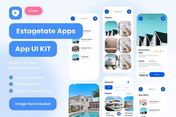 PSD etate hotel mobile app ui kit user interface