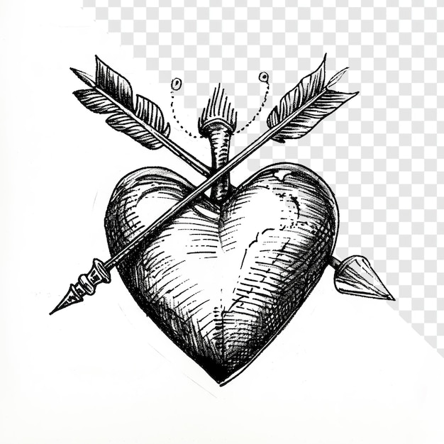 PSD etching style heart with arrow tattoo illustration transparent background