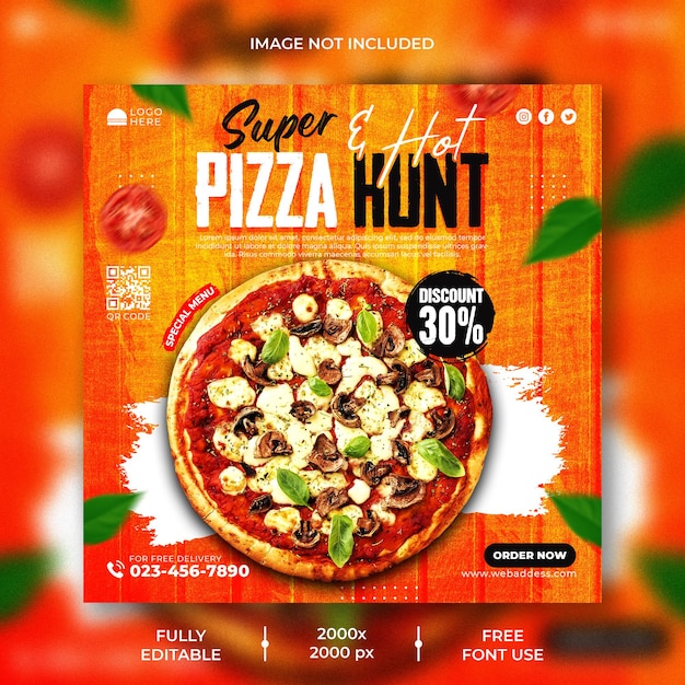 PSD eten menu en heerlijke pizza instagram postsjabloon